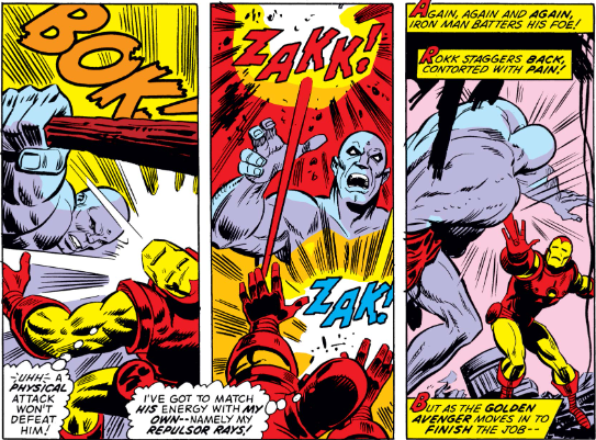 MarvelADay's tweet photo. #MarvelADay #IM64 IM tries to punch Rokk into submission. No go. Then with a Zakk! Zak! he uses his repulsor rays to continue the barrage. - VA https://t.co/isBqK6RyJt