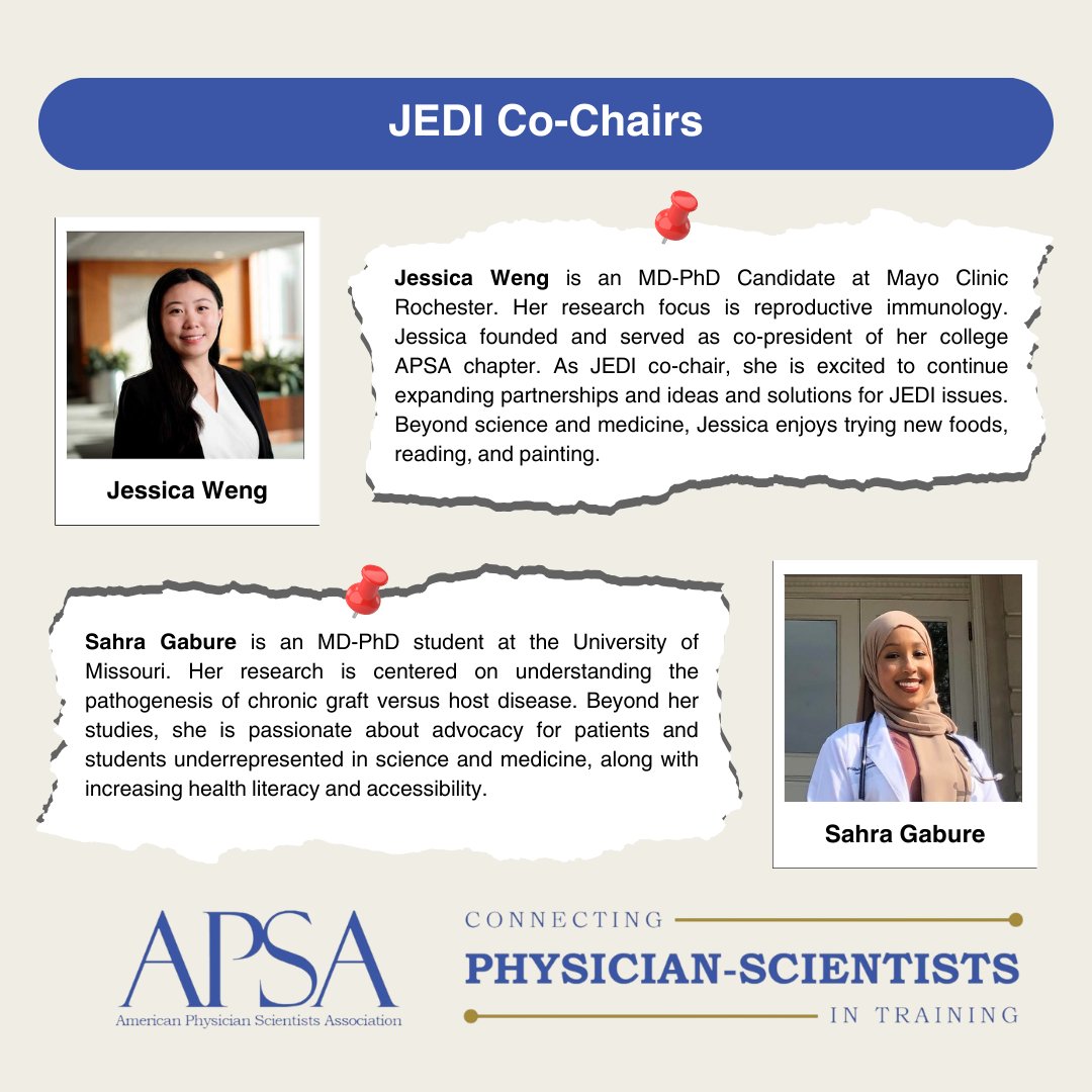 APSA (@a_p_s_a) on Twitter photo Meet our JEDI Co-Chairs, <a href="/__JessicaWeng/">Jessica Weng</a> and Sahra Gabure! Their committee is responsible for events and initiatives in line with APSA’s goal to advocate for individuals from underrepresented groups in STEM and medicine (UiSM). #PhysicanScientists <a href="/mayomstp/">Students of Mayo MSTP</a> @mizzou_mdphd Meet our JEDI Co-Chairs, <a href="/__JessicaWeng/">Jessica Weng</a> and Sahra Gabure! Their committee is responsible for events and initiatives in line with APSA’s goal to advocate for individuals from underrepresented groups in STEM and medicine (UiSM). #PhysicanScientists <a href="/mayomstp/">Students of Mayo MSTP</a> @mizzou_mdphd
