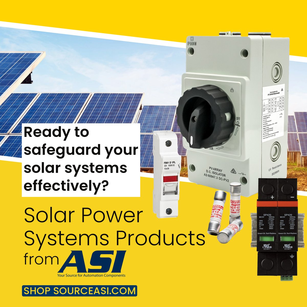 asiez's tweet image. 🌞Ready to safeguard your #SolarSystems effectively? Choose ASI for the best in #SolarPower #SystemProtection. Our #DisconnectSwitches, #Fuses and #FuseHolders, and #SurgeProtectors are designed to keep your installations running smoothly and safely. 
Shop SourceASI.com
