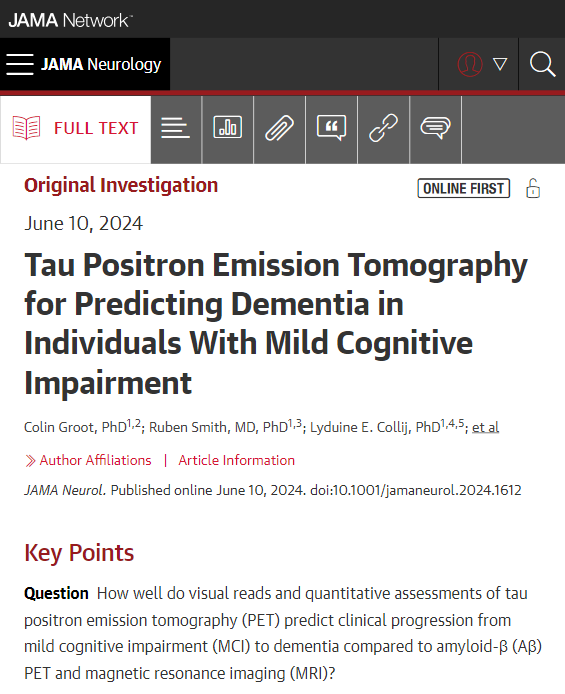 Quantitative tau PET and tau PET visual reads show the greatest promise as a stand-alone prognostic marker for clinical progression to dementia among individuals with MCI, outperforming Aβ PET and MRI. ja.ma/3VAQpCY