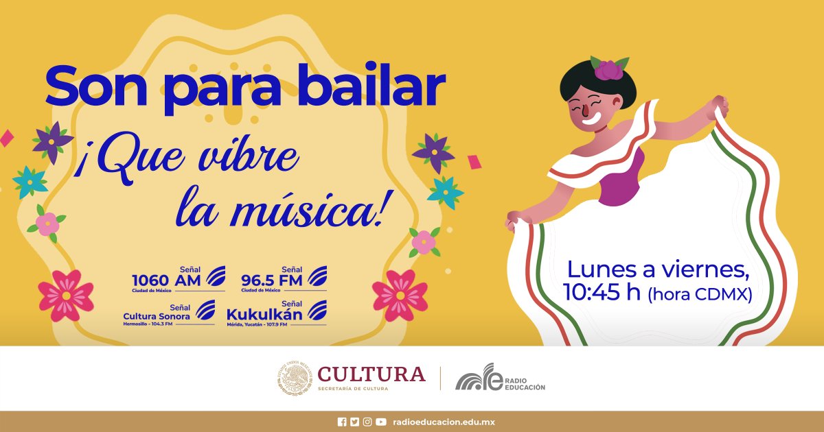RadioEducacion's tweet image. Este #Lunes escucha la selección de música que la #Fonoteca de #RadioEducación realizó para ti 💃

¡Te esperamos en #SonParaBailar! 🙌

⏰ 10:45 h #CDMX
📻 1060 AM, 96.5 FM | 104.3 FM #Hermosillo | 107.9 FM #Mérida