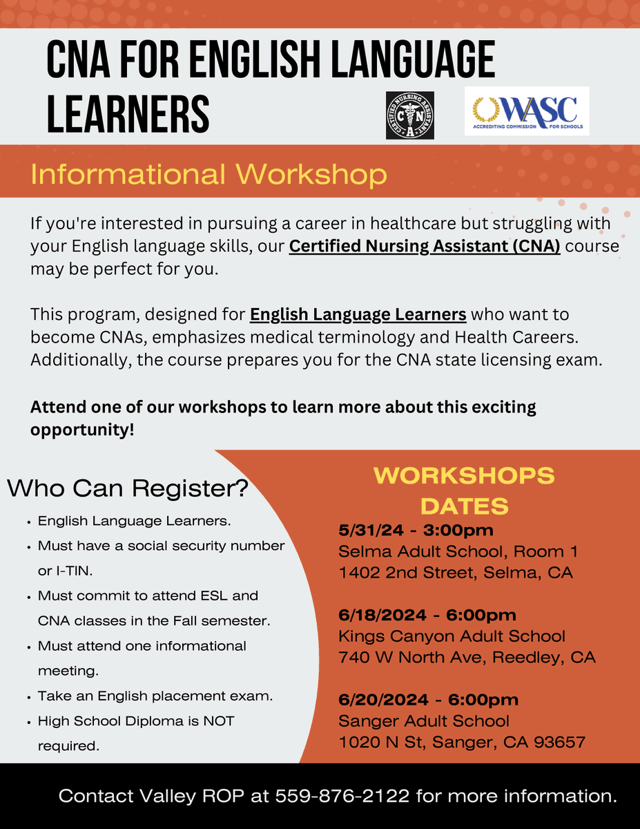 statecenteraec's tweet image. Are you an English Language Learner interested in becoming a CNA? 

Join VROP for their upcoming CNA classes geared towards ELL students!

Contact VROP for more information. 

#SCAEC #AdultEd #VROP #CNA #CTE