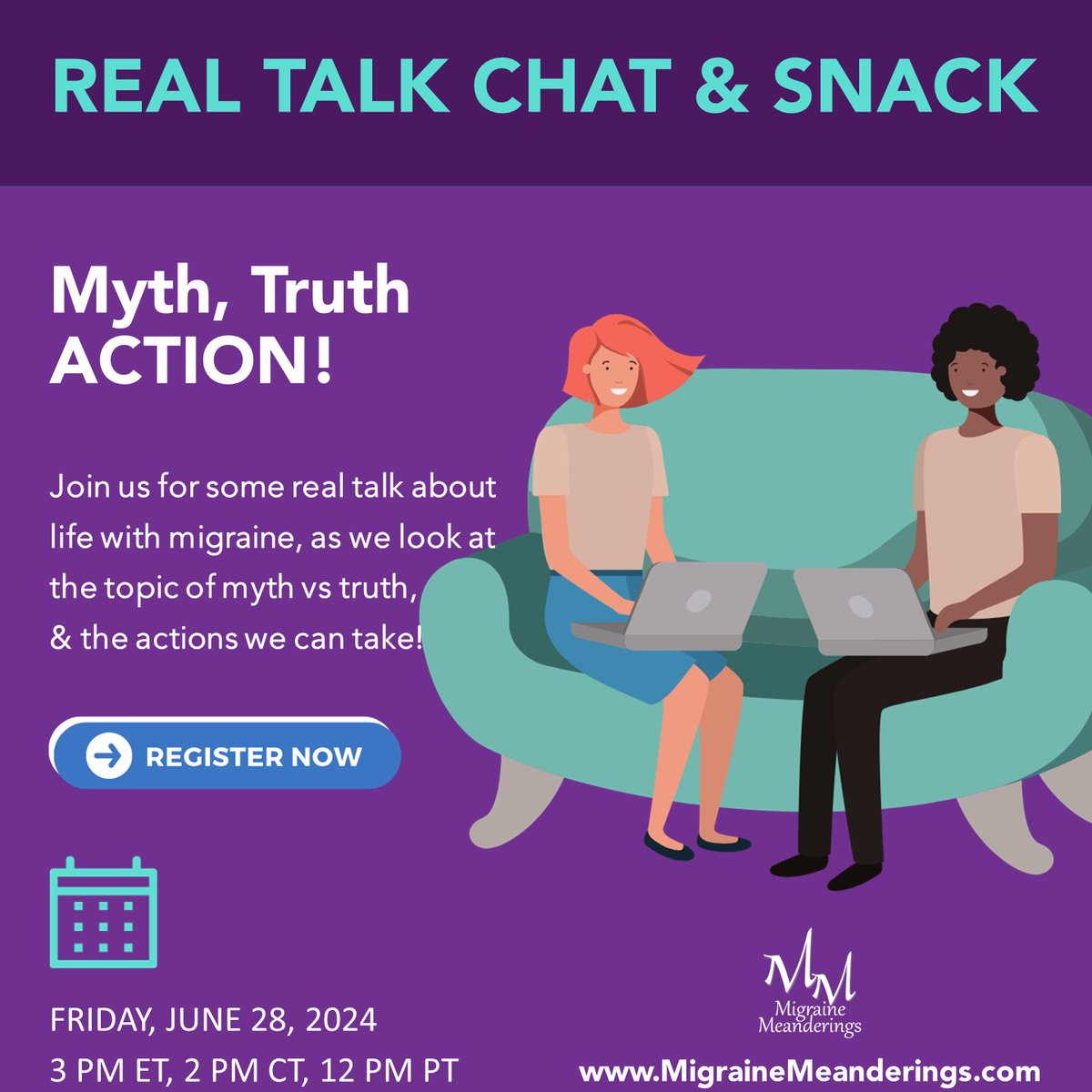 CoalitionCHAMP's tweet photo. Join @migrainemeander Friday, 6/28 @ 3pmET in Zoom for a group discussion about life w/migraine. This event is open to anyone who lives with migraine, and it is not recorded. Register NOW and look for an email with the Zoom link and invitation! #MHAM #MythTruthAction