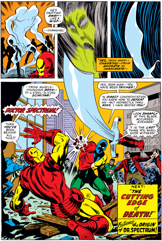 MarvelADay's tweet photo. #MarvelADay #IM64 It's Dr. Spectrum again! He created Rokk to not just kidnap Dr. Obatu, but to defeat Iron Man! On the cusp of victory, he decides to reveal himself for the final blow. Be here tomorrow as John takes the reins while we discover the origin of Dr. Spectrum! - VA https://t.co/GofKXOp7Vn
