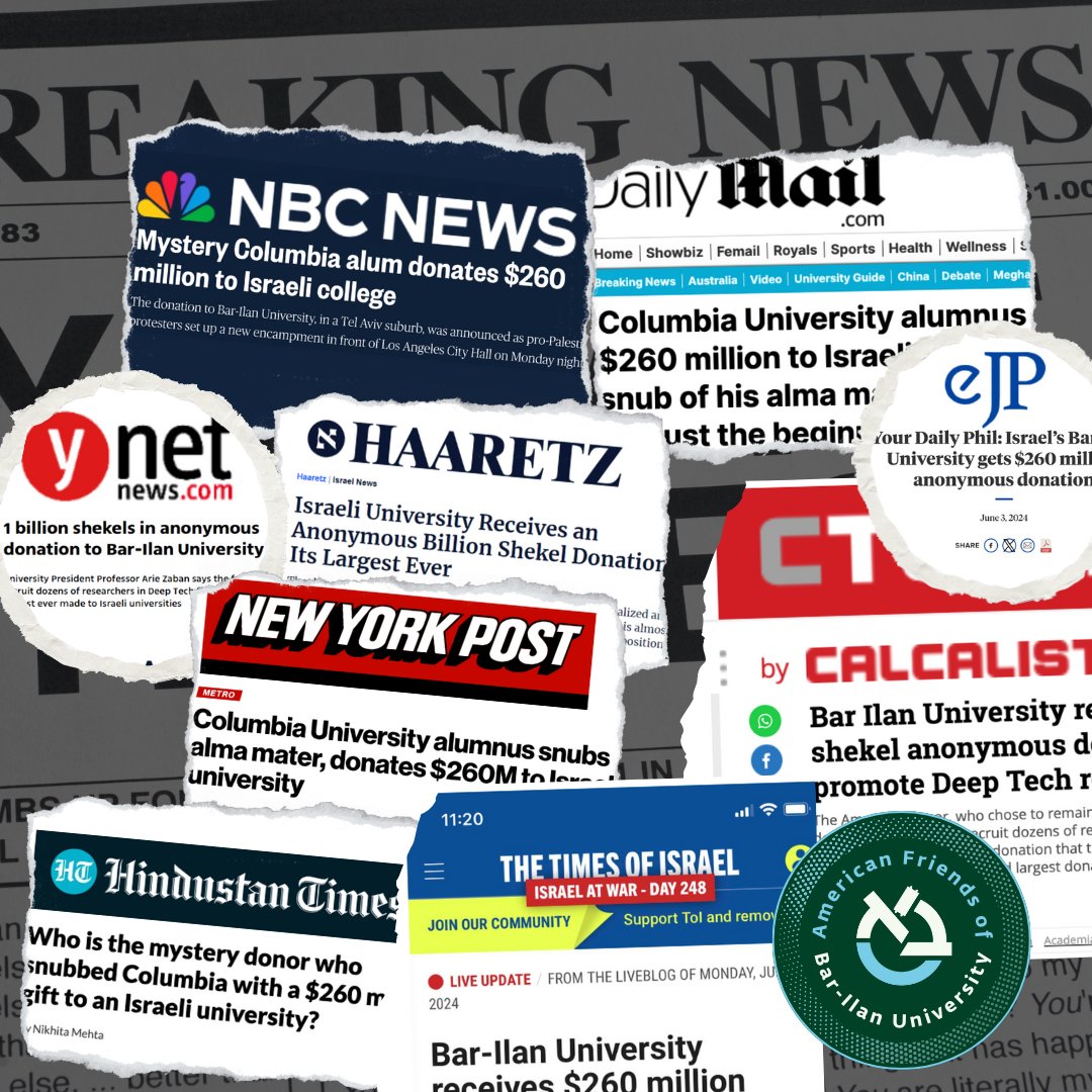 The historic $260 Million gift to Bar-Ilan made global headlines

NBC NEWS:bit.ly/3VAUxTm
NY POST:bit.ly/3x9aGpK
DAILY MAIL:bit.ly/45eBf9H
HINDUSTAN TIMES: bit.ly/4aVgXmS
TIMES OF ISRAEL:bit.ly/4edbbjd
CTECH:bit.ly/4aRZ6wR