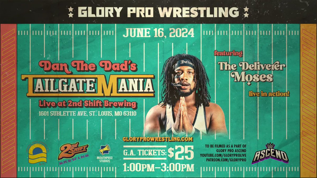 Glory Pro Wrestling (@weareglorypro) on Twitter photo The hits keep coming for TAILGATEMANIA at <a href="/2ndshiftbrewing/">2nd Shift Brewing</a>
More of your favorite Glory Pro stars in action!
<a href="/TheNewGuysPW/">The New Guys</a>
<a href="/RahimSuede/">Suedelicious 💋</a>
<a href="/The__Deliverer/">MOSES</a>
@thanksdanthedad
Father's Day
Sunday June 16 | 1pm
Tickets available NOW The hits keep coming for TAILGATEMANIA at <a href="/2ndshiftbrewing/">2nd Shift Brewing</a>
More of your favorite Glory Pro stars in action!
<a href="/TheNewGuysPW/">The New Guys</a>
<a href="/RahimSuede/">Suedelicious 💋</a>
<a href="/The__Deliverer/">MOSES</a>
@thanksdanthedad
Father's Day
Sunday June 16 | 1pm
Tickets available NOW