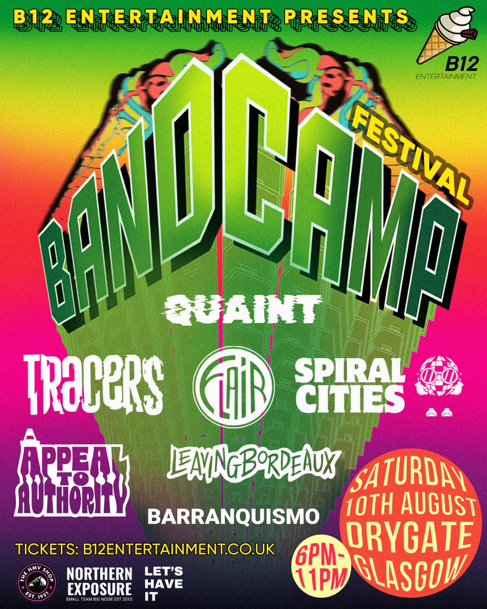 Who’s up for a boogie and a wee booze this summer? 

We are! 😎

Head on over to Drygate Glasgow Saturday 10th August! When we take to stage of BANDCAMP Festival! 

Tickets available now!

tickettailor.com/events/b12ente…