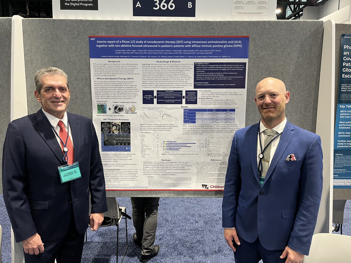 SonALAsense is thrilled to have presented our SDT-201 interim report at #ASCO2024! SonALAsense showcased promising advancements in treating DIPG with sonodynamic therapy.
#Oncology #SonodynamicTherapy #DIPG  #MedicalResearch
