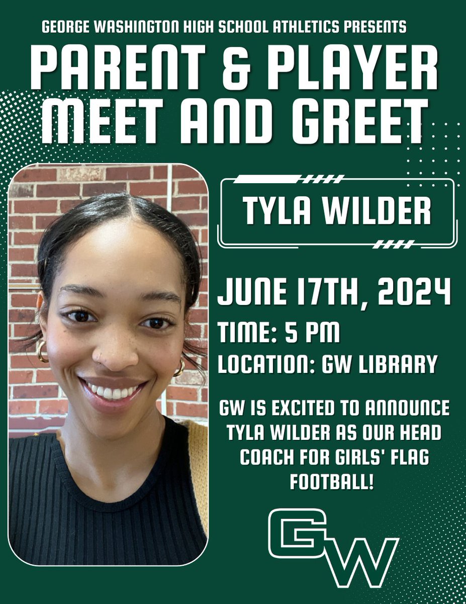 We are thrilled to introduce our newest addition to the Girls Flag Football team, the incredible Tyla Wilder! 🎉 Join us in welcoming her to the family and get ready for an amazing season ahead.
📅 Mark Your Calendars:🗓️ Date: June 17th ⏰ Time: 5:00 PM 📍 Location: GW Library