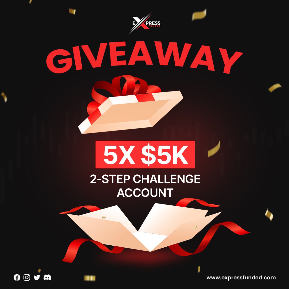 5X $5K CHALLENGE GIVEAWAY🥳

You have 10 days!⏳

To enter you must:

1️⃣ Follow @expressfunded 
 
2️⃣ Mention 2 friends in the comments 💬

3️⃣ Like this post ❤️

4️⃣ Retweet this post 🔁

Do this and you have entered!!

The winners will be announced 20th June 2024 🏆