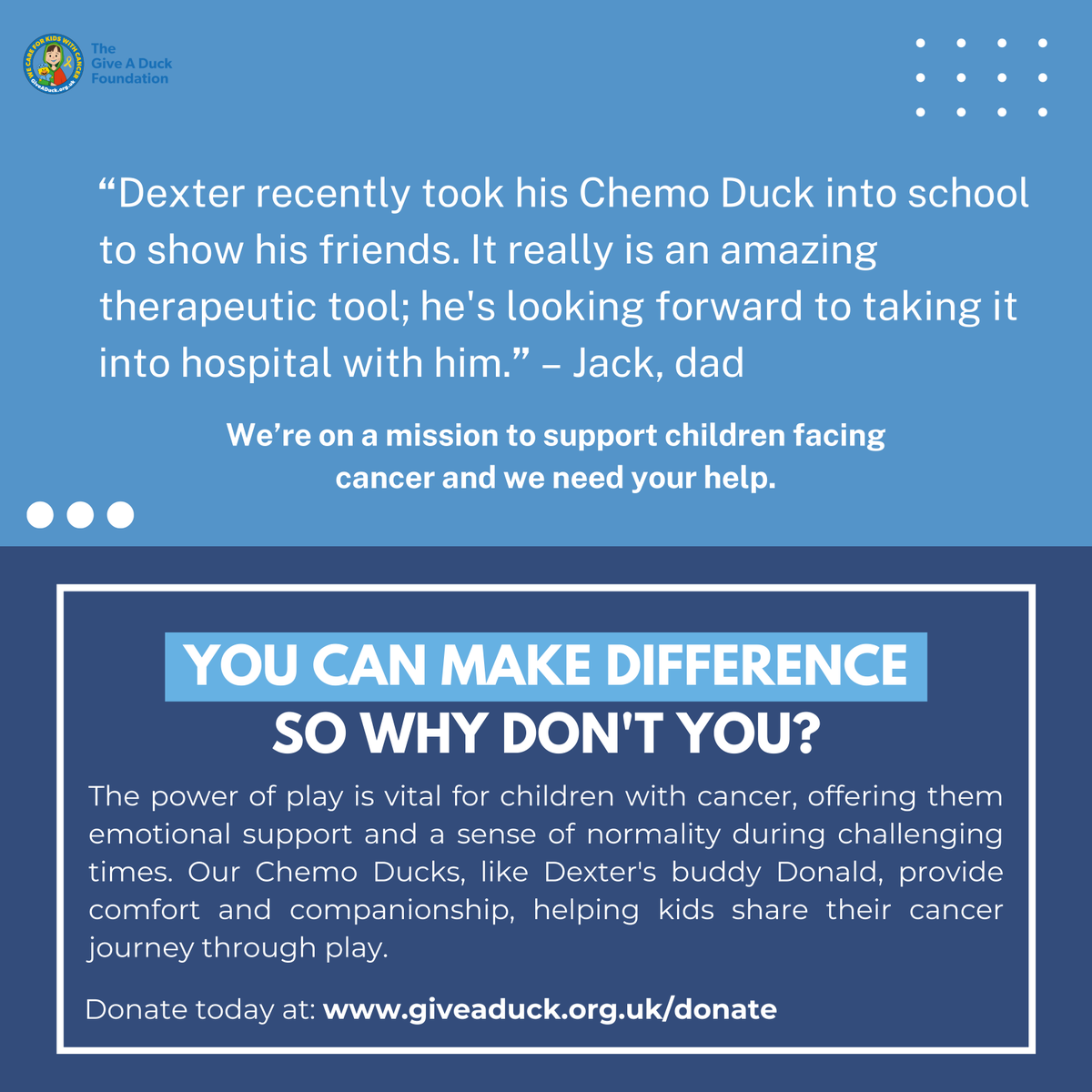 giveaduck_uk's tweet photo. The power of play is vital for children with cancer, offering them emotional support and a sense of normality during challenging times. 

We're on a mission to support children facing cancer and we need your help.

Donate today: https://t.co/lXP1NA0YlS https://t.co/bdeRcY9yyj