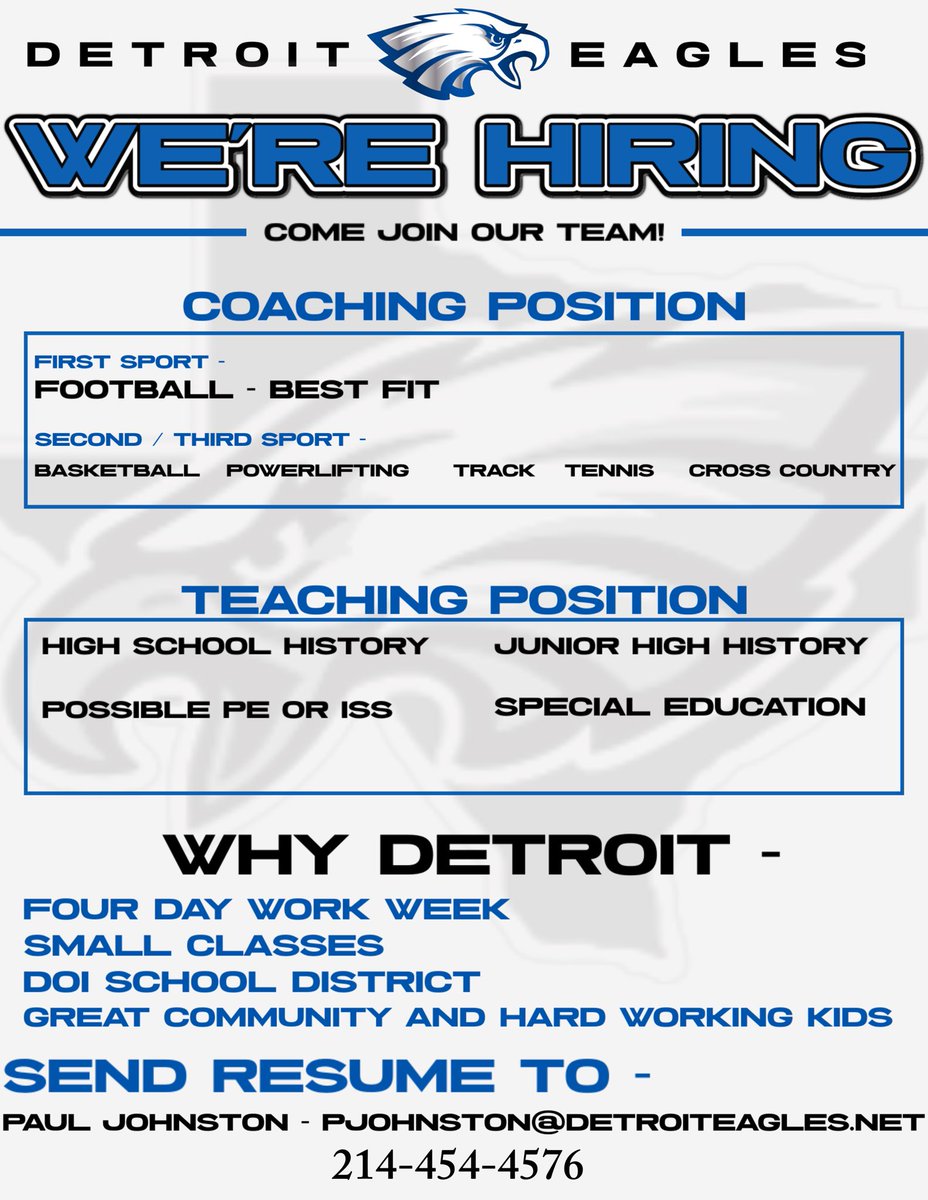 We are looking for some Coaches!! Please send resume to Paul Johnston at pjohnston@detroiteagles.net

<a href="/THSCAcoaches/">THSCA</a> <a href="/Matt_Stepp817/">Matt Stepp</a>