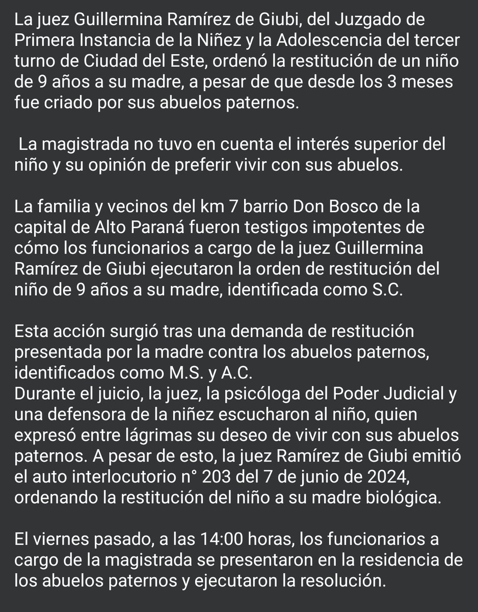 jfergo86's tweet photo. Desgarrador llanto de niño criado por abuelos al ser obligado por jueza a vivir con la madre.
Que onda este procedimiento sres @MINNAParaguay, el niño está gritando, está pidiendo ayuda.
Donde esta el interés de salvaguardar la infancia. https://t.co/eBuzhEf6t2