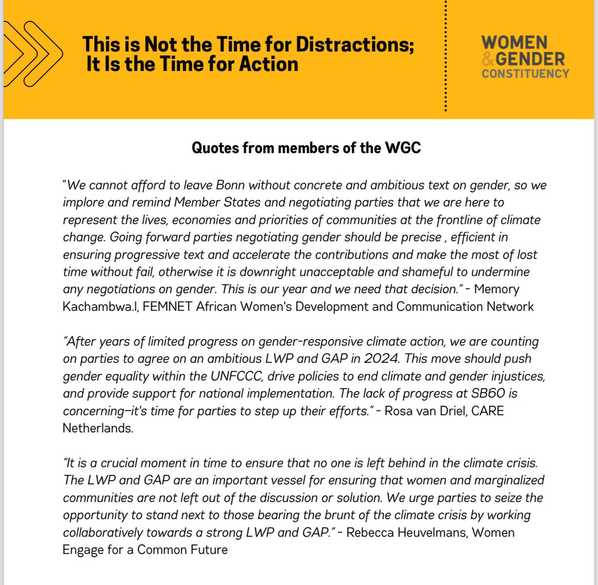 🚨‼️ THIS IS NOT THE TIME FOR DISTRACTIONS; IT IS TIME FOR ACTION! 

As millions experience extreme and disproportionate impacts of the climate crisis, week 1 of SB60 ended without much progress in renewing the work programme on gender and its action plan. #FeministClimateJustice