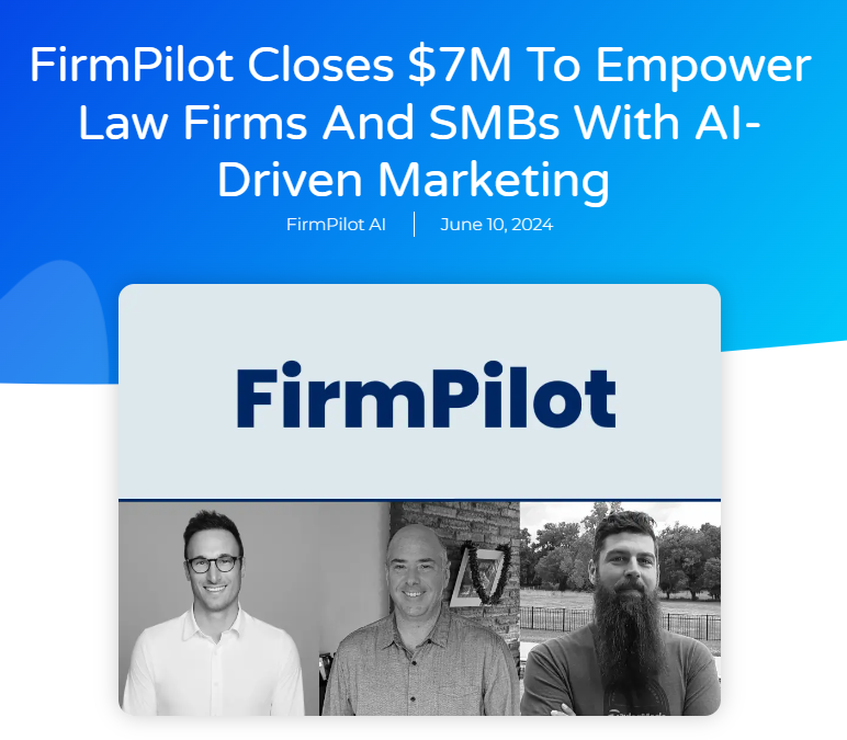 Kevin Ruiz (@kevin_a_ruiz) on Twitter photo .<a href="/CityofMiami/">City of Miami</a>-based <a href="/FirmPilot/">FirmPilot AI</a>, an AI marketing engine for law firms & SMBs, announced $7M in funding & Series A led by <a href="/BlumbergCapital/">Blumberg Capital</a>. Congrats <a href="/jakesoffer/">Jake Soffer</a> & team!
<a href="/FrancisSuarez/">Mayor Francis Suarez</a> <a href="/davidblumberg/">David J. Blumberg</a> #capitalofcapital
➡ bit.ly/45i2ZtS .<a href="/CityofMiami/">City of Miami</a>-based <a href="/FirmPilot/">FirmPilot AI</a>, an AI marketing engine for law firms & SMBs, announced $7M in funding & Series A led by <a href="/BlumbergCapital/">Blumberg Capital</a>. Congrats <a href="/jakesoffer/">Jake Soffer</a> & team!
<a href="/FrancisSuarez/">Mayor Francis Suarez</a> <a href="/davidblumberg/">David J. Blumberg</a> #capitalofcapital
➡ bit.ly/45i2ZtS