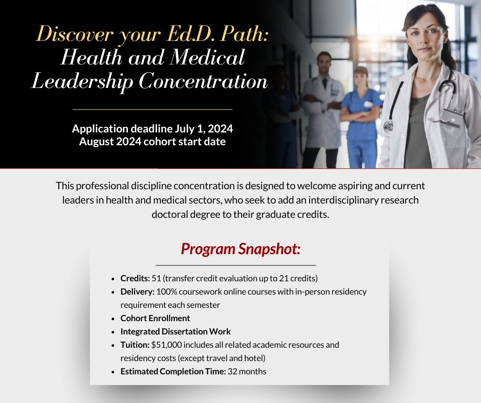 SaintFrancisPA's tweet photo. Drive change from within healthcare! Chart the future of the industry with our Health and Medical Leadership Concentration, part of the Ed.D. Program.

🗓 Application Deadline: July 1
✅ Apply now or learn more at https://t.co/ChPAAeYqPs https://t.co/AwhkdEuslD