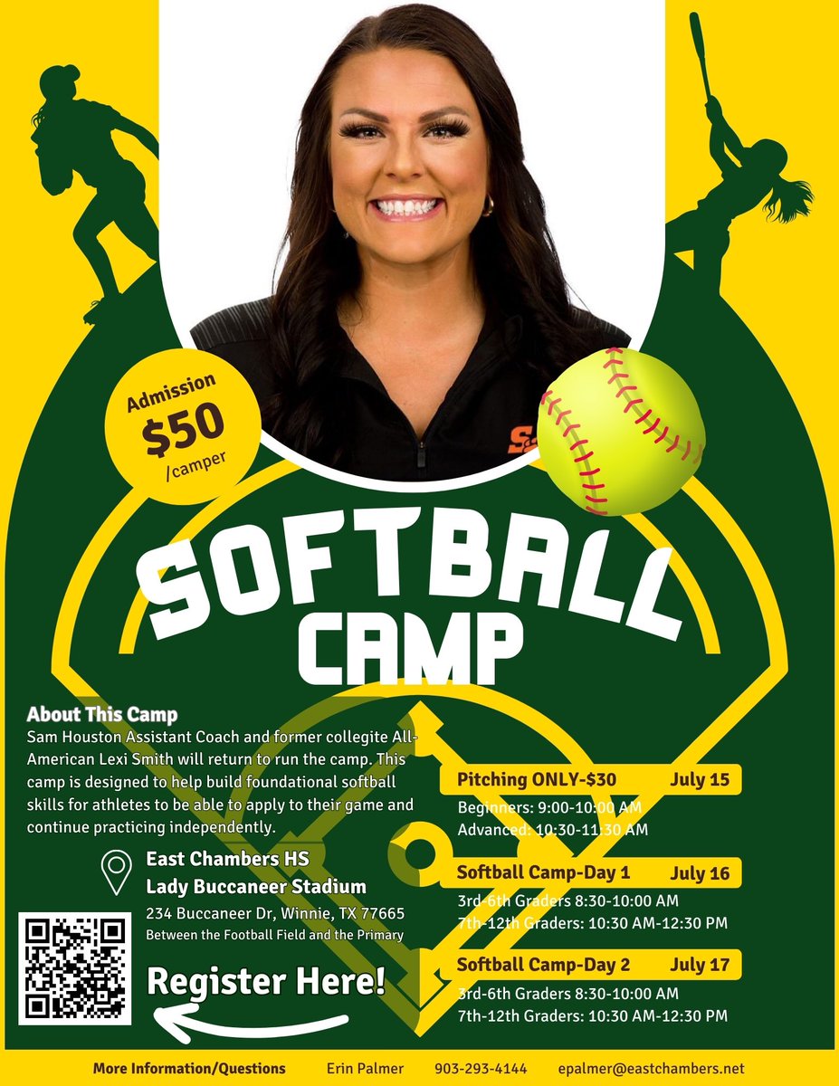 EC Softball is excited to have Lexi Smith host camp this summer! If you have any questions, please reach out. Please share with your softball friends as this camp is open to everyone wanting to work hard and get better. forms.gle/mUyWyFnvs1TRyF…