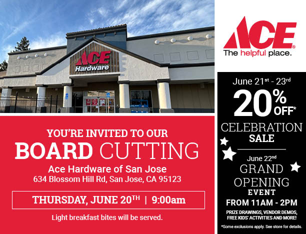 Join Ace Hardware for a board cutting ceremony at 9AM on June 20th. Refreshments provided. Grand Opening Sale: June 21-23, 20% off. Grand opening celebration on June 22nd, 11AM-2PM, with demos, prizes, kids' activities, and treats. Register here: tinyurl.com/mrzeurpk