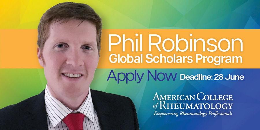 Call for applications for the Phil Robinson Global Scholars Program at #ACR24. Must be an early career #rheum/trainee, #rheum professional/trainee, or patient advocate outside of the U.S. &amp; Canada to apply. Deadline June 28. Learn more → acr.tw/3q4j2eJ