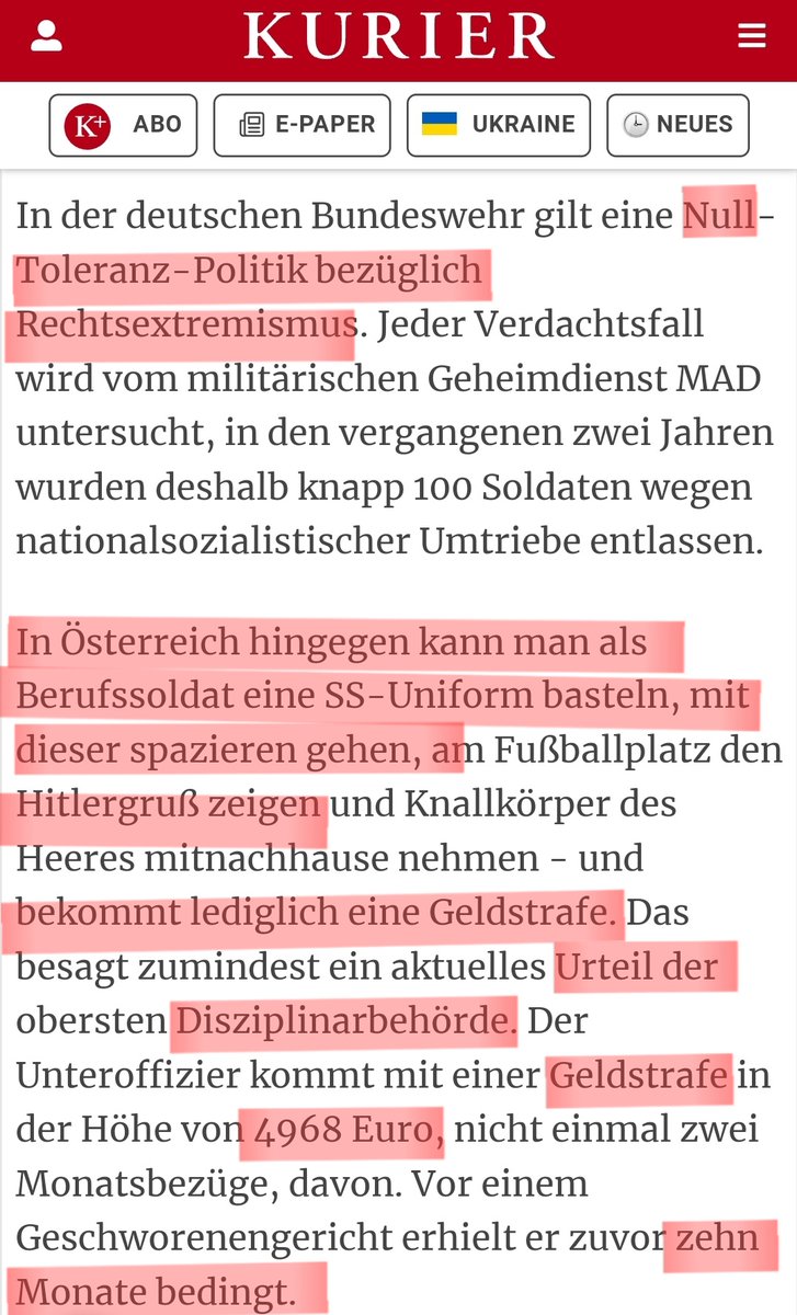 Ein Soldat wollte eine Langhaarfriesur tragen wie Soldatinnen. Nun muss er 3000 Euro Buße zahlen. 

➡️ Für "so ein Vergehen" sei das noch eine milde Strafe, sagt die Disziplinarbehörde.

Eins Soldat geht in SS Uniform spazieren und zeigt den Hitlergruß. 

➡️ Bissl Nazi spielen?