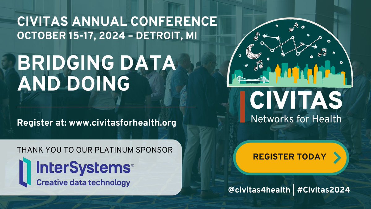 CliniSync (@clinisync) on Twitter photo Join CliniSync at <a href="/civitas4health/">Civitas Networks for Health</a>'s 2024 Annual Conference Oct 15-17 in Detroit! This year's theme is "Bridging Data and Doing" and will be packed with insightful talks, collaboration, and networking. Event details: civitasforhealth.swoogo.com/civitas2024
#Civitas2024 Join CliniSync at <a href="/civitas4health/">Civitas Networks for Health</a>'s 2024 Annual Conference Oct 15-17 in Detroit! This year's theme is "Bridging Data and Doing" and will be packed with insightful talks, collaboration, and networking. Event details: civitasforhealth.swoogo.com/civitas2024
#Civitas2024