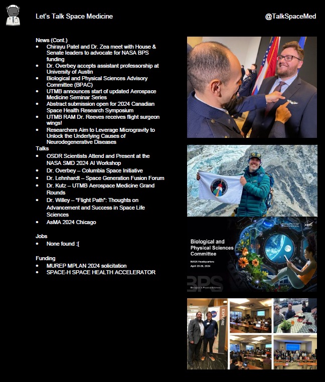 April newsletter! Sorry for the delay :]

PDF w/ hyperlinks -&gt; talkspacemed.com

<a href="/BCMSpaceHealth/">Translational Research Institute for Space Health</a> <a href="/ColumbiaSI/">Columbia Space Initiative</a> <a href="/SGAC/">SGAC</a> <a href="/Aero_Med/">AsMA</a> @UTMB_SPPH <a href="/genesinspace/">Genes in Space</a> <a href="/JeffWilleyLab/">Jeff Willey</a> @ASGSR <a href="/ASGSRSpace/">ASGSR</a> <a href="/ASGSRstudents/">ASGSR Students</a> <a href="/esa/">European Space Agency</a> <a href="/uaustinorg/">University of Austin (UATX)</a> <a href="/NASA/">NASA</a> <a href="/space_health/">Canadian Space Health Research Network</a> <a href="/ISS_CASIS/">ISS National Lab</a>