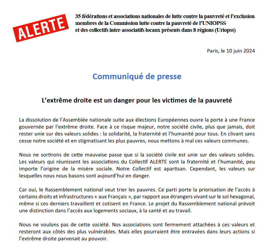 🚨L'extrême droite est un danger pour les victimes de la pauvreté !
📢Notre société civile doit rester plus que jamais sur des valeurs solides : la solidarité, la fraternité et l’humanité  pour tous.

🔎Notre #Communiqué ➡️ lstu.fr/2bmzppyD