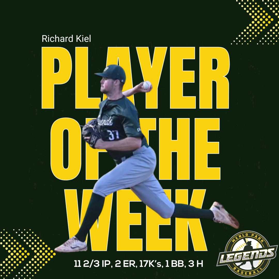 Legends Baseball ⚾️ (@mplegends) on Twitter photo 🔥 Player of the Week 🔥
Big shoutout to Richard Kiel of the Menlo Park Legends for dominating on the mound!
With 11 2/3 innings pitched, 17 strikeouts, and only 2 earned runs, Richard’s performance was stellar. ⚾👏
#MenloParkLegends #GoLegends <a href="/CCL_Baseball/">California Collegiate League</a> 🔥 Player of the Week 🔥
Big shoutout to Richard Kiel of the Menlo Park Legends for dominating on the mound!
With 11 2/3 innings pitched, 17 strikeouts, and only 2 earned runs, Richard’s performance was stellar. ⚾👏
#MenloParkLegends #GoLegends <a href="/CCL_Baseball/">California Collegiate League</a>