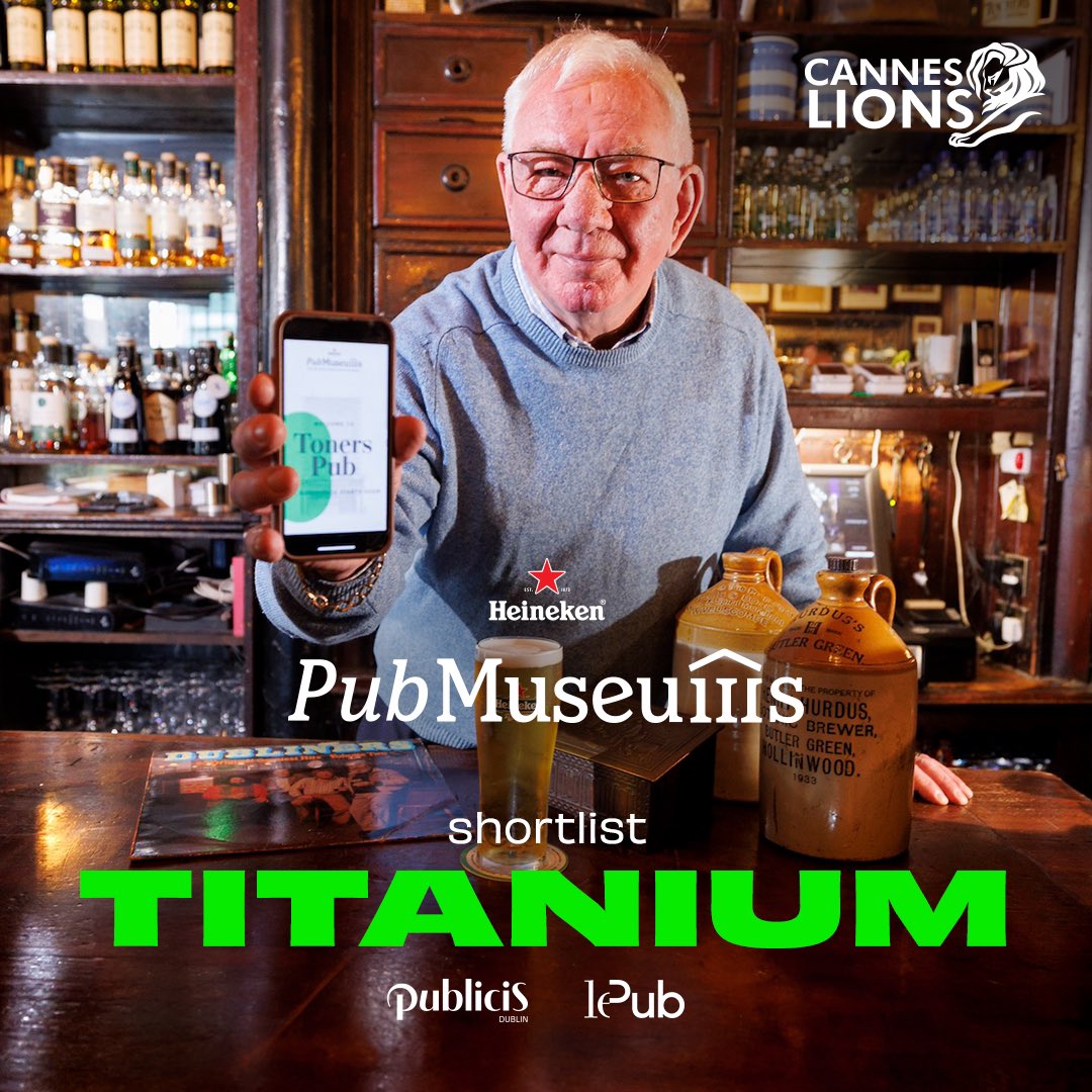 Publicis Dublin (@publicisdublin) on Twitter photo Shortlisted for Cannes Lions Titanium! We might celebrate later in a Pub/Museum! Congrats to all our partners <a href="/Heineken_IE/">Heineken Ireland</a> <a href="/LePub_worldwide/">LePub</a> <a href="/Heineken/">Heineken</a> <a href="/ThinkhouseIE/">THINKHOUSE</a> Shortlisted for Cannes Lions Titanium! We might celebrate later in a Pub/Museum! Congrats to all our partners <a href="/Heineken_IE/">Heineken Ireland</a> <a href="/LePub_worldwide/">LePub</a> <a href="/Heineken/">Heineken</a> <a href="/ThinkhouseIE/">THINKHOUSE</a>