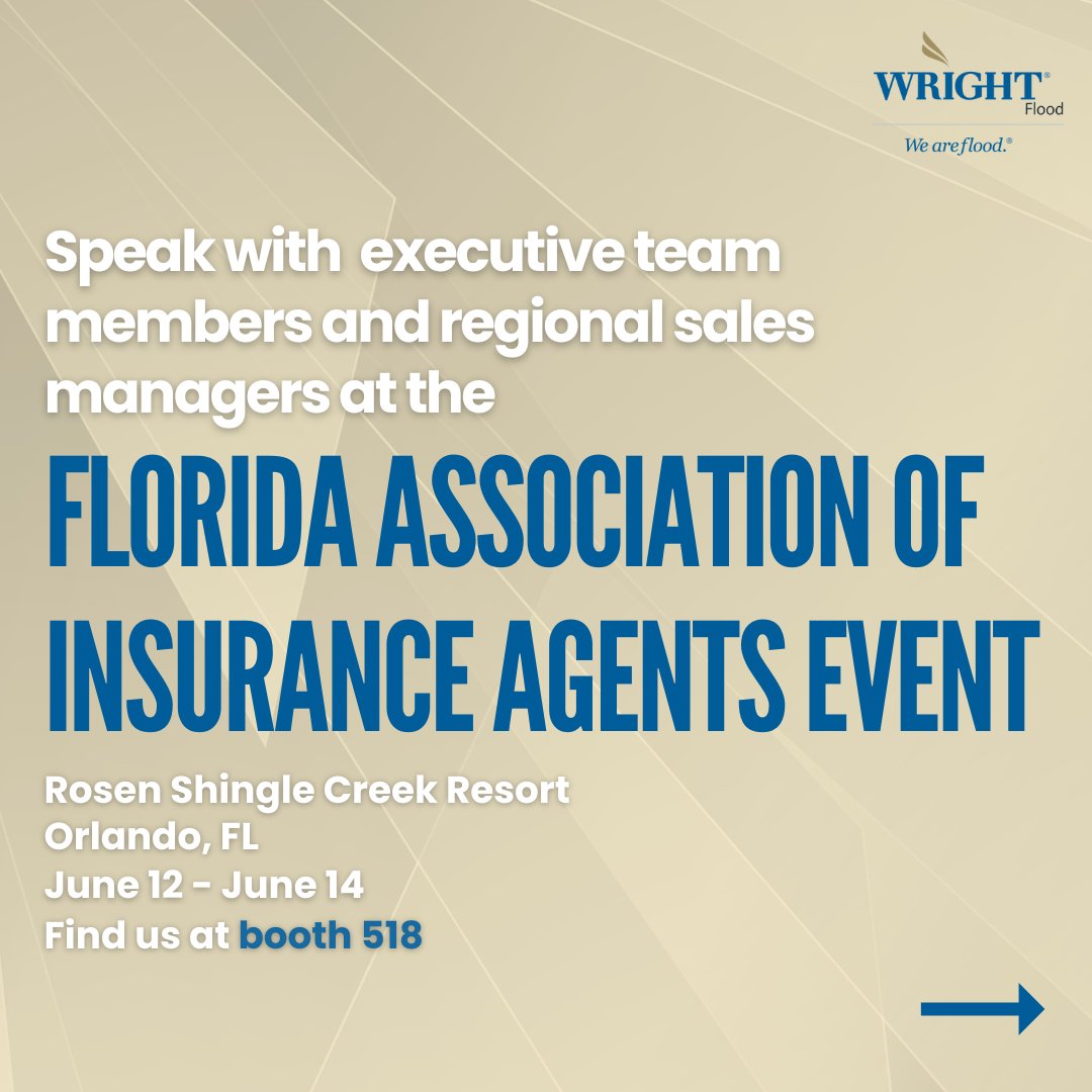 floodtweeter's tweet photo. Join us at @FAIA_Florida 120th Anniv. Convention, June 12-14 at the Rosen Shingle Creek Resort, Orlando! Stop by Booth #518 to meet the Wright Flood team to talk all things #FloodInsurance. #FAIA2024 #WF24 https://t.co/x63y3to8An