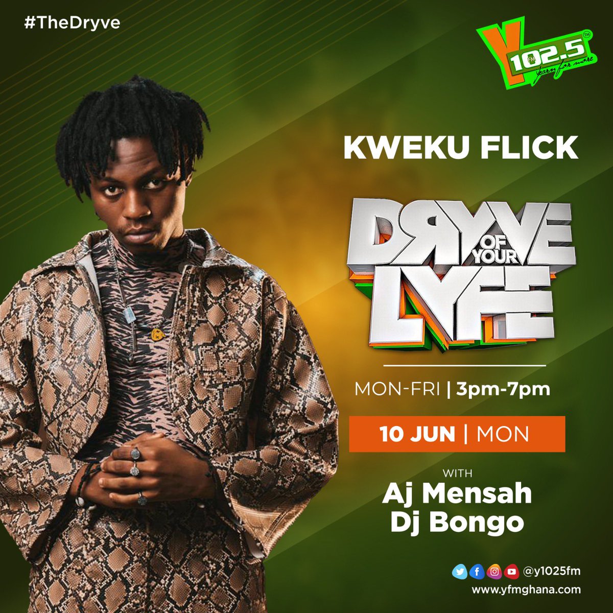 KwekuFlick's tweet photo. My Kumasi people I’ll  be live on @y1025fm  today 5:15 with @AjMensahgh  &amp; @djbongogh  - Dryve of your Lyfe . It’s about #Y3koom . Don’t forget to tune in. . https://t.co/QH3n57RLzE