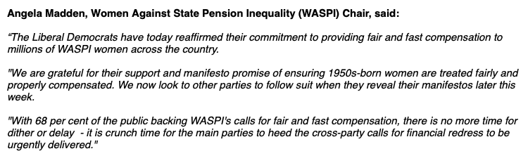 WASPI_Campaign's tweet image. A comment on the @LibDems manifesto commitment to #WASPI compensation from our chair, Angela Madden.