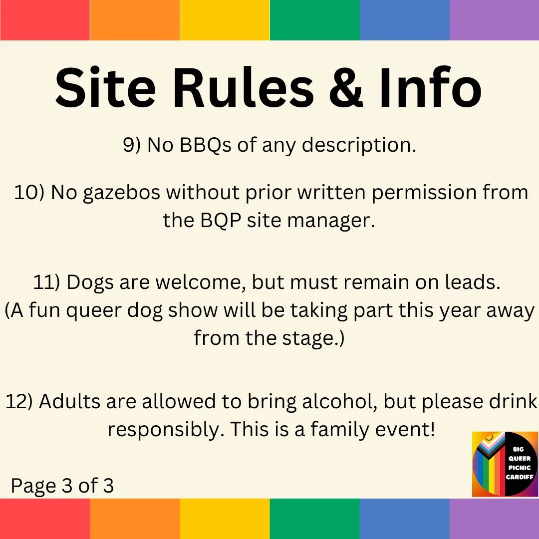 bigqueerpicnic's tweet photo. New site rules just dropped! 🎉🎉🎉🎉😂🌈🏳️‍⚧️

Any questions? Ask away.

Edit: Obviously we forgot one! 😅 Rule 13) No stalls/absolutely no money to change hands on site. https://t.co/48VLgcxYjV