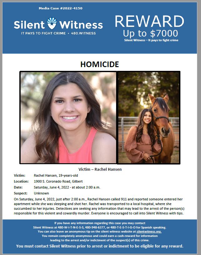 SilentwitnessAZ's tweet image. *** UP TO $7,000.00 REWARD OFFERED ***
On Saturday, June 4, 2022, just after 2:00 a.m., Rachel Hansen called 911 and reported someone entered her apartment while she was sleeping and shot her. Rachel was transported to a local hospital, where she succumbed to her injuries.