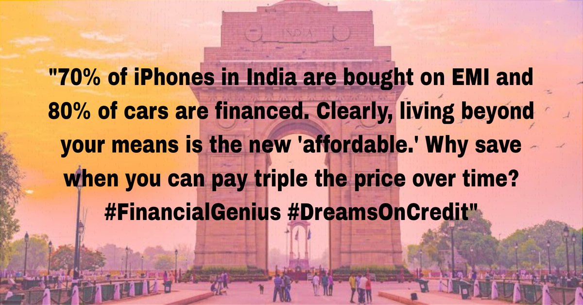 thenohan1's tweet image. "70% of iPhones in India are bought on EMI and 80% of cars are financed. Clearly, living beyond your means is the new 'affordable.' Why save when you can pay triple the price over time? #FinancialGenius #DreamsOnCredit"