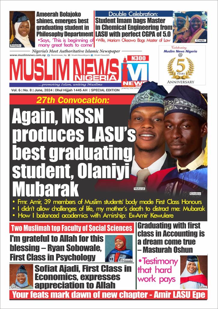 muslimnews_NG's tweet photo. Muslim News celebrates LASU first class, best graduating Muslim students
@muslimnews_NG has celebrated Muslims who emerged best graduating students and those who bagged first class honours at #LASU27thConvocation, with a special e-cover. Tag any LASU Muslim student to this post. https://t.co/NGlG6rMes9
