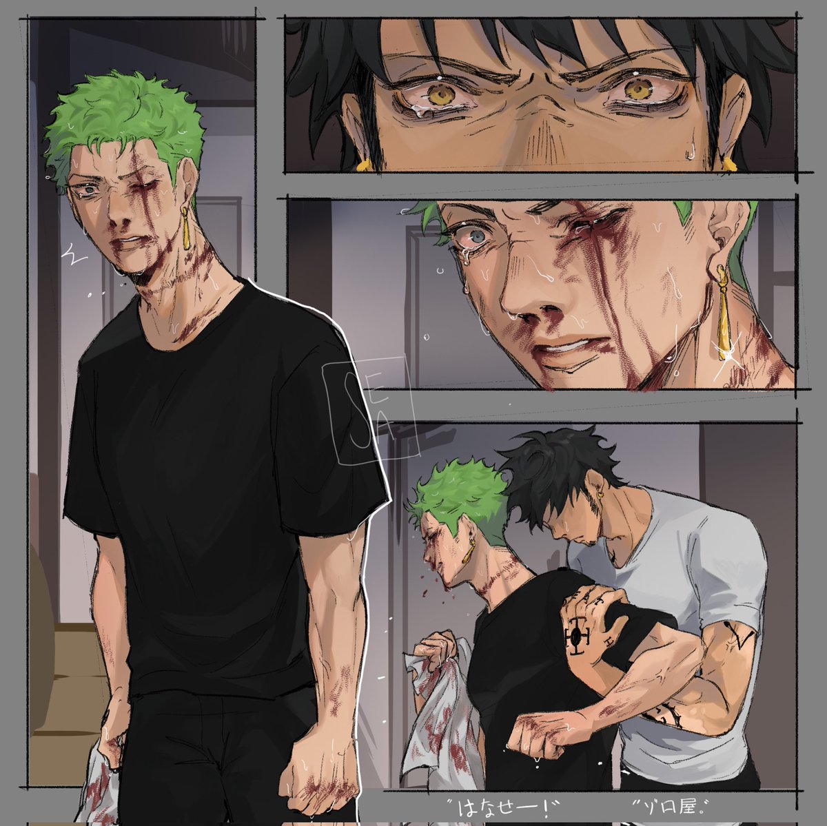 imafreakyboy's tweet photo. ⚠ blood 
yo- I think zoro need medical + physical attention from his bf doctor for a whole week or two (´•̥﹏•̥`)
#ローゾロ #lawzo #trafalgarlaw #roronoazoro https://t.co/Exx0qAze7c