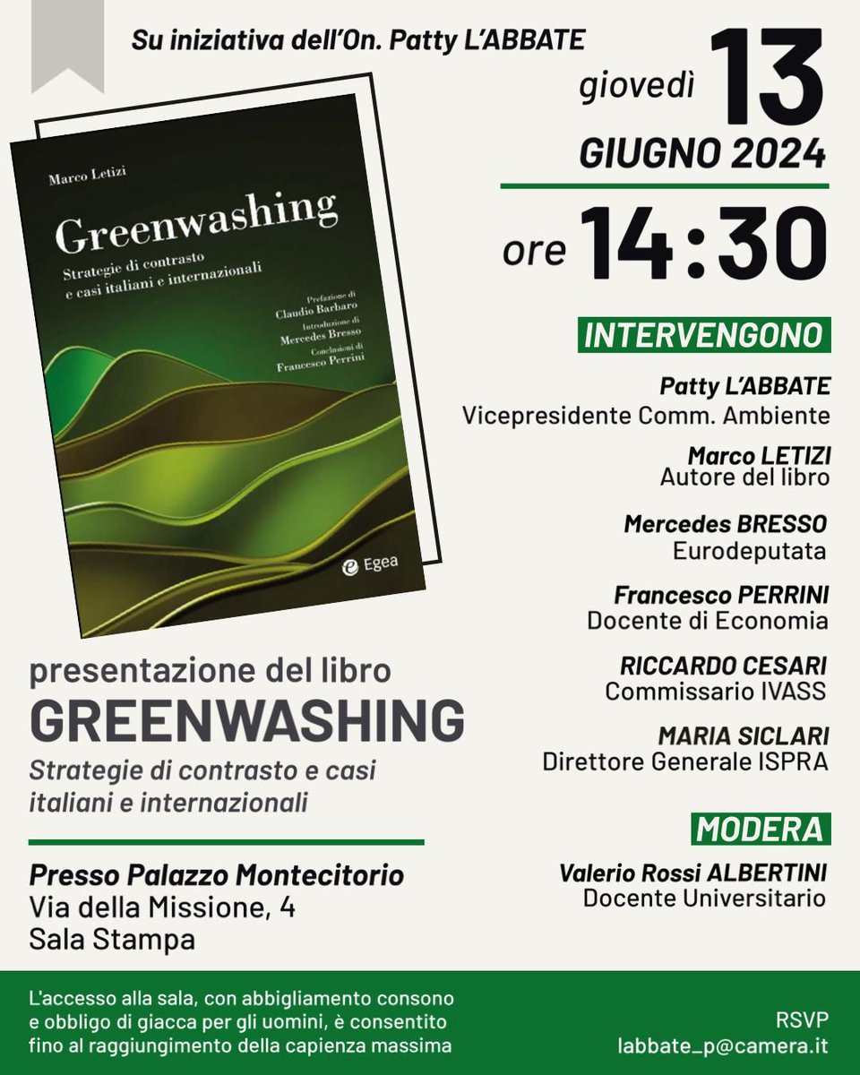 Egea (@egeaonline) on Twitter photo Come contrastare il greenwashing?
Domani a Montecitorio, l'incontro a partire dal libro di <a href="/marcoletizi/">Marco Letizi, PhD</a> .
Con <a href="/Patty_LAbbate/">Patty L'Abbate</a>. <a href="/mercedesbresso/">Mercedes Bresso 🇪🇺</a>, <a href="/FPerrini1/">Francesco Perrini</a>. Riccardo Cesari, Maria Siclari, Valerio Rossi Albertini.
Le info: tinyurl.com/GreenwashingRo…
Il saggio: tinyurl.com/GreenwashingLe… Come contrastare il greenwashing?
Domani a Montecitorio, l'incontro a partire dal libro di <a href="/marcoletizi/">Marco Letizi, PhD</a> .
Con <a href="/Patty_LAbbate/">Patty L'Abbate</a>. <a href="/mercedesbresso/">Mercedes Bresso 🇪🇺</a>, <a href="/FPerrini1/">Francesco Perrini</a>. Riccardo Cesari, Maria Siclari, Valerio Rossi Albertini.
Le info: tinyurl.com/GreenwashingRo…
Il saggio: tinyurl.com/GreenwashingLe…