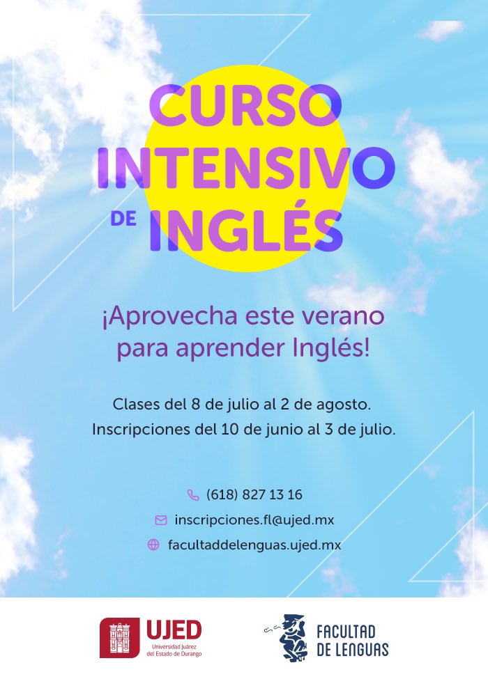 Iniciamos las inscripciones para el curso INTENSIVO DE INGLÉS. 
Inicia el 8 de julio, de lunes a viernes en un horario de 9am a 1pm.
Registro: forms.gle/Q2tiLYrkSoJDH5…
#SomosUJED #FacultadDeLenguas #CURSOINTENSIVO #Inglés