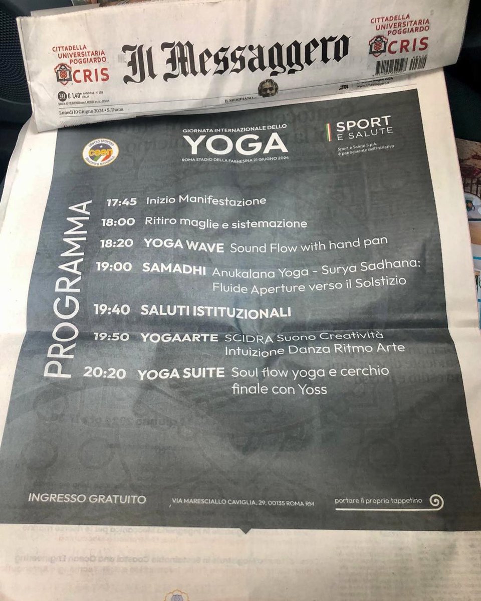 📌📌 🧘‍♀️E anche il messaggero questa mattina parla del nostro evento! 21 giugno vi aspettiamo tutti  allo Stadio della Farnesina. Evento  gratuito porta con te il tuo tappetino e una borraccia d’acqua.

#csennazionale
#csen_sportedbn
#ginnasticayogacsen
#yoga