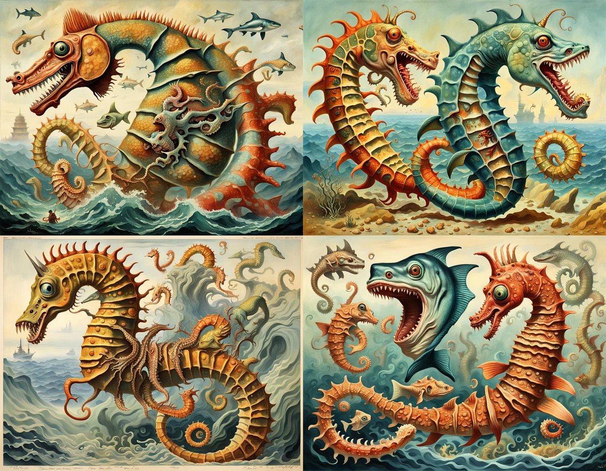 backprawns's tweet photo. made with @NightCafeStudio
https://t.co/dHmafPV9vy
#aiart #nightcafe #digitalart #bizarre #unusual #surreal #seahorse #shrak #hybrid #horror #kokoshka #lippi #dali #crazy #colourful #lumpy https://t.co/BIKnpEgN75
