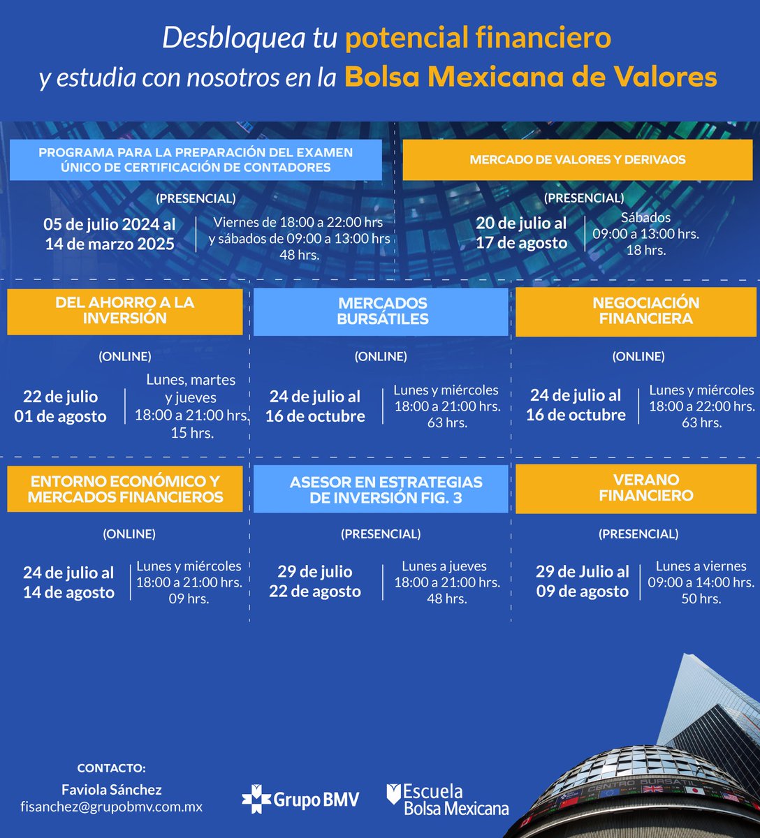 BMVMercados's tweet photo. ¡Potencializa tus conocimientos financieros con nuestros cursos! 
En la #EscuelaBolsaMexicana, te ofrecemos la clave para entender y aprovechar el fascinante mundo de las inversiones.
Si quieres más información déjanos tus datos y nos pondremos en contacto contigo: https://t.co/1smmMSeCKr