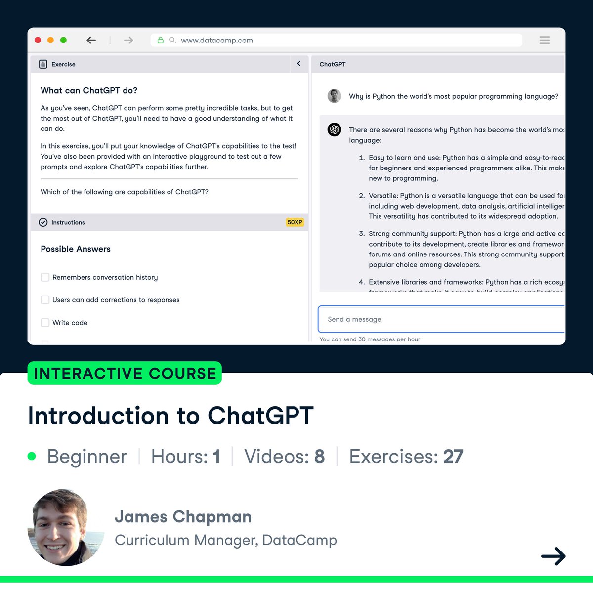 DataCamp's tweet image. New courses and certifications DataCamp Classrooms educators are assigning students. 💡
#DCClassrooms is 100% free for all teachers and students.
Andres Aguilera Castillo, Professor at @UNALOficial, teaches Internacionalizacion de Empresas.
Apply now 👉 ow.ly/JcCc50S5CYR