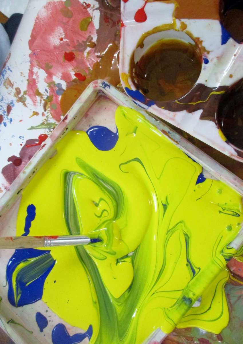 Lots of fun when mixing paints.
"Blue and yellow, it will turn green!"
"My hands are camouflaged."
"Scoop up the paint, it's so slimy."
"I have a good idea. The paint makes a noise if I squeeze."
"Yes, it's awesome. It's epic!"
"Red and blue to make it colourful purple."