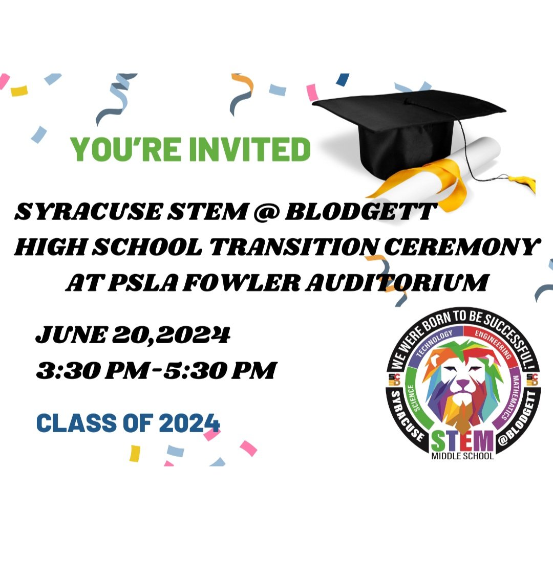 Syracuse STEM at Blodgett (@stematblodgett) on Twitter photo Syracuse STEM Community,
Join us for this year's moving up ceremony on Thursday, June 20th from 3:30 - 5:30 in the auditorium at PSLA at Fowler High School. #gostemlions #SCSDSuccess <a href="/STEMatBlodgett/">Syracuse STEM at Blodgett</a> <a href="/SyracuseSchools/">Syracuse City School</a> Syracuse STEM Community,
Join us for this year's moving up ceremony on Thursday, June 20th from 3:30 - 5:30 in the auditorium at PSLA at Fowler High School. #gostemlions #SCSDSuccess <a href="/STEMatBlodgett/">Syracuse STEM at Blodgett</a> <a href="/SyracuseSchools/">Syracuse City School</a>