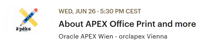 Mirela Ardelean (@mirela_rooug) on Twitter photo Close to Vienna on June, 26 and an #orclAPEX enthusiast? Then this event is for you!
About #AOP and more with <a href="/kevinthyssen/">Kevin Thyssen</a>
tinyurl.com/apexwien
<a href="/oracleace/">Oracle ACE Program</a> Close to Vienna on June, 26 and an #orclAPEX enthusiast? Then this event is for you!
About #AOP and more with <a href="/kevinthyssen/">Kevin Thyssen</a>
tinyurl.com/apexwien
<a href="/oracleace/">Oracle ACE Program</a>