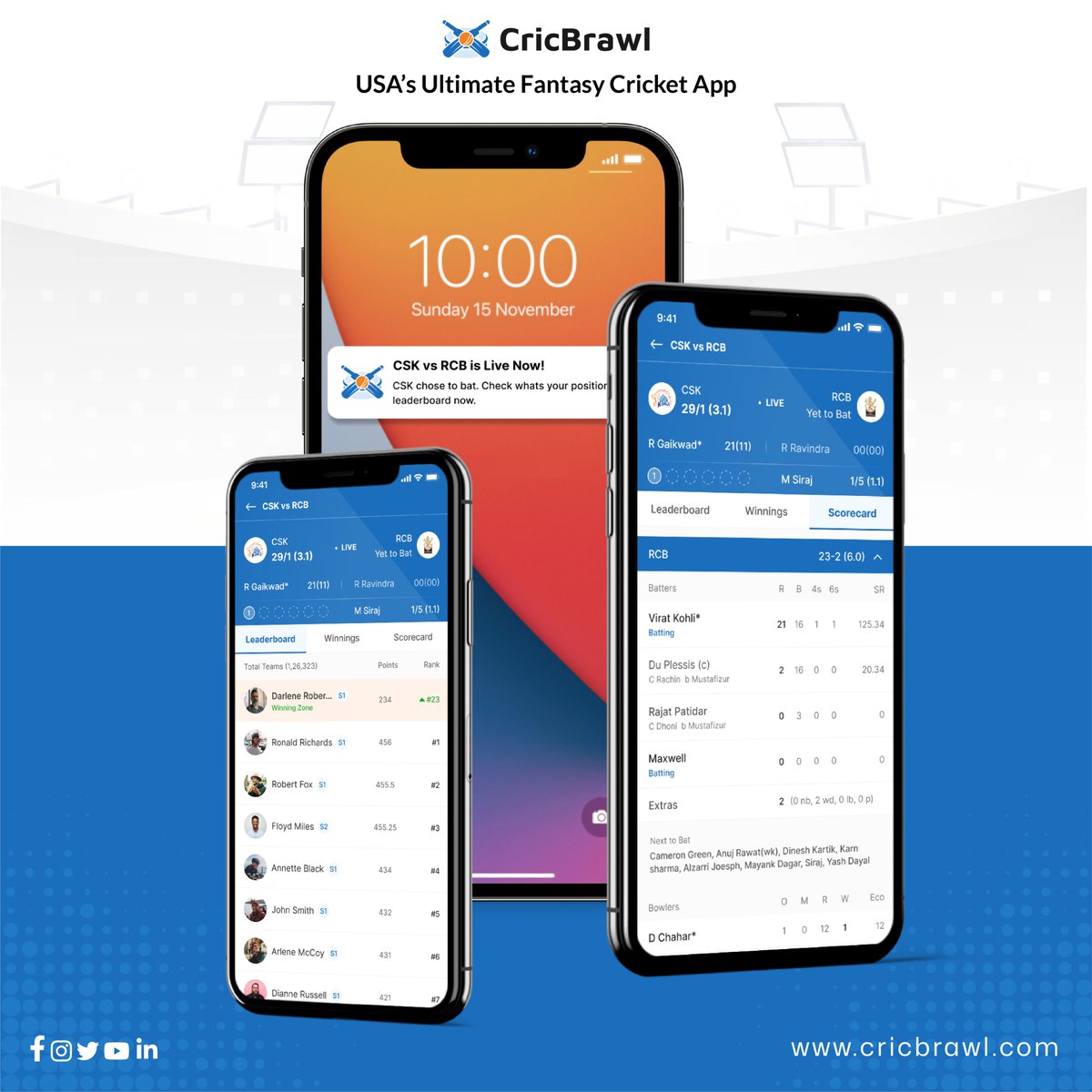 🏏 Elevate your cricket experience with CricBrawl - USA's ultimate fantasy cricket app!

🏆Real-time updates, player stats, and thrilling contests await. Follow us for updates and be the first to know when we launch!📲✨

#CricBrawl #FantasyCricket #t20USA <a href="/usacricket/">USA Cricket</a>  <a href="/ICC/">ICC</a>