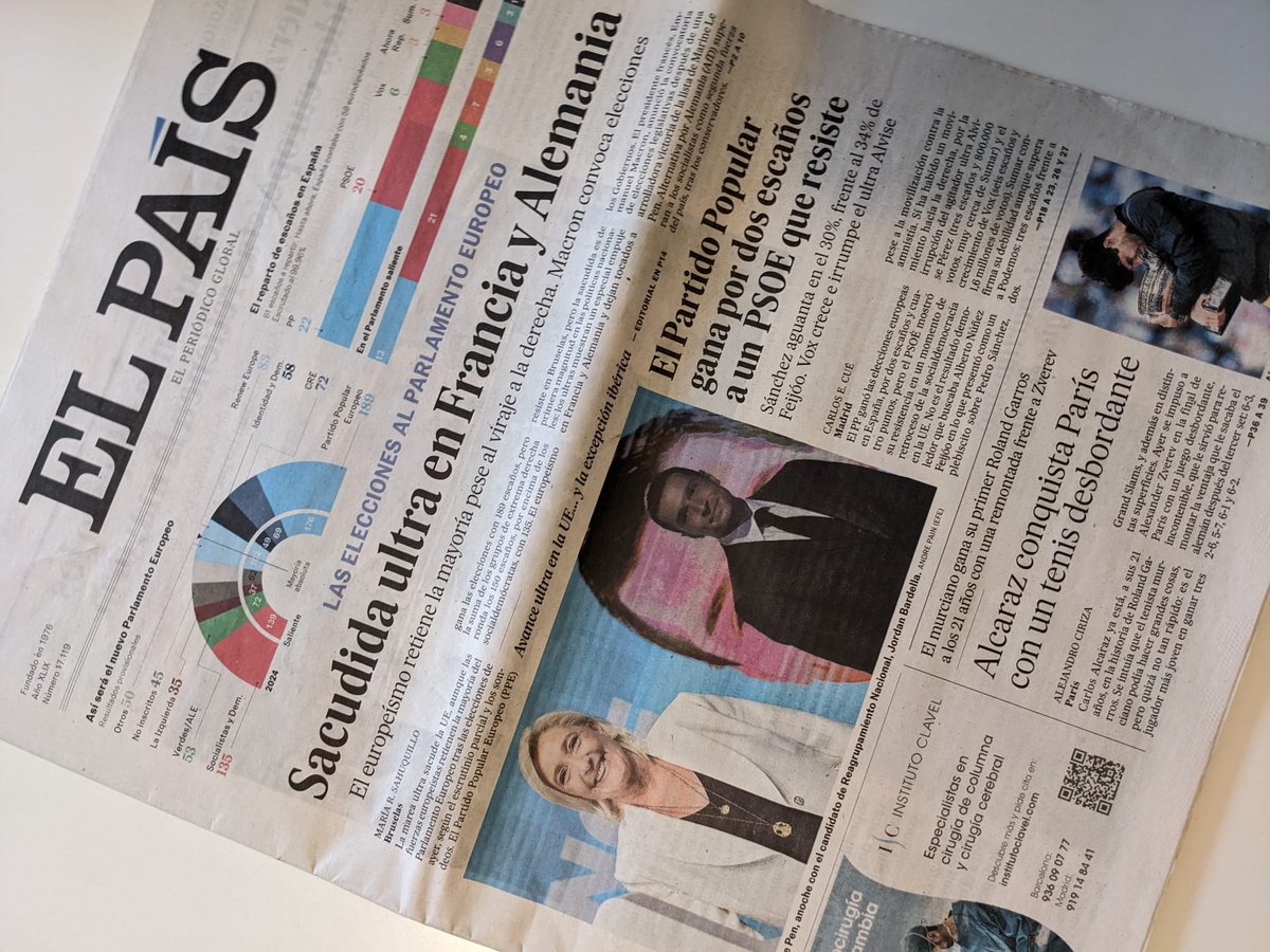 Aujourd’hui en #Espagne, #MarineLePen et #JordanBardella sont à la une d’ <a href="/elpais_espana/">EL PAÍS España</a> . Ne leur en déplaise, y a vraiment pas de quoi être fièr·es d’être français·es.