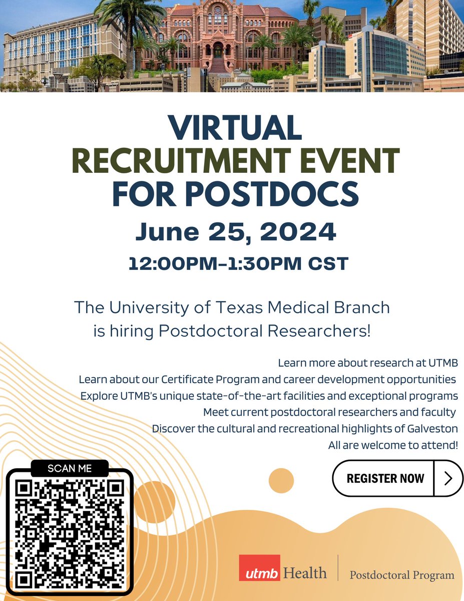 We are hosting a virtual recruitment event to hire Postdoctoral Researchers on Tuesday, June 25th from 12 - 1:30 pm cst. Come learn more about what we offer to our PostDocs here at UTMB. To register for the event, visit forms.office.com/r/gfHwpBBzMn