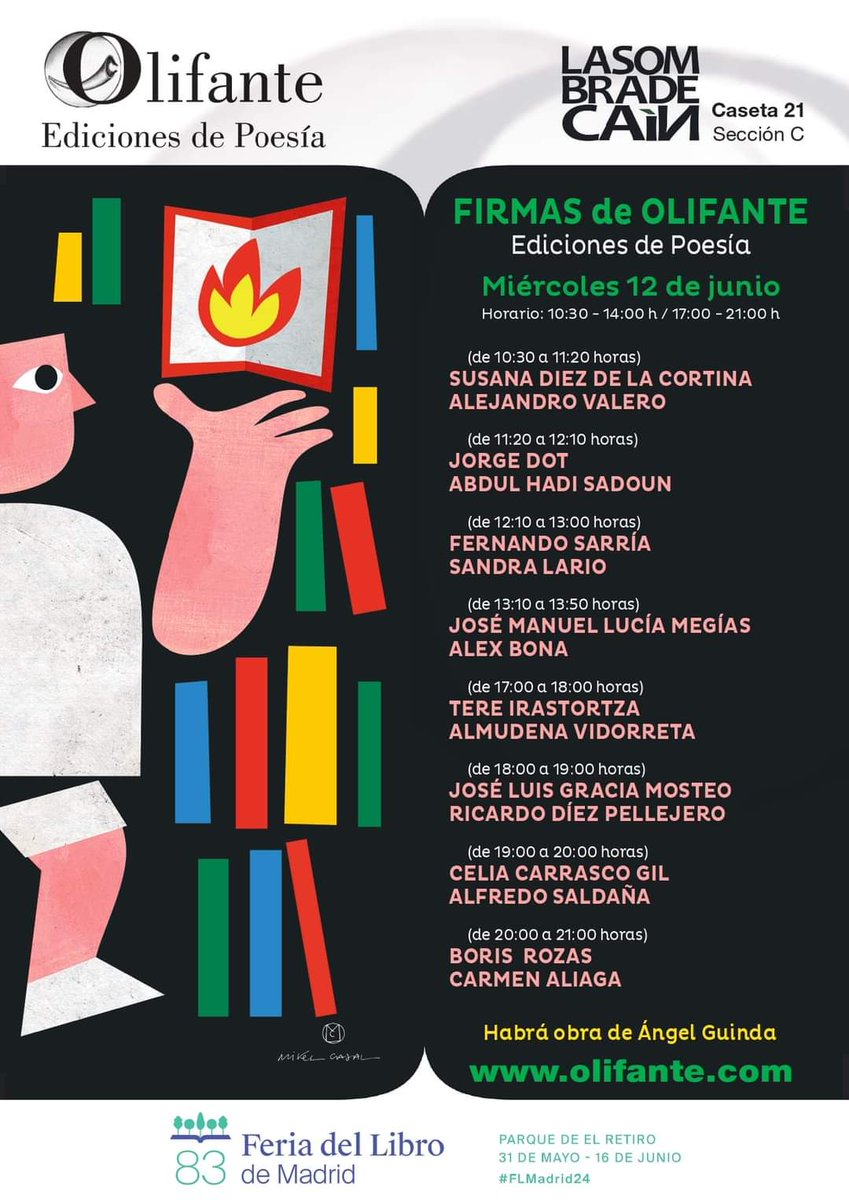 Este miércoles 
<a href="/PoesiaUtil/">Olifante ediciones de poesía</a> <a href="/FLMadrid/">Feria del Libro de Madrid</a>